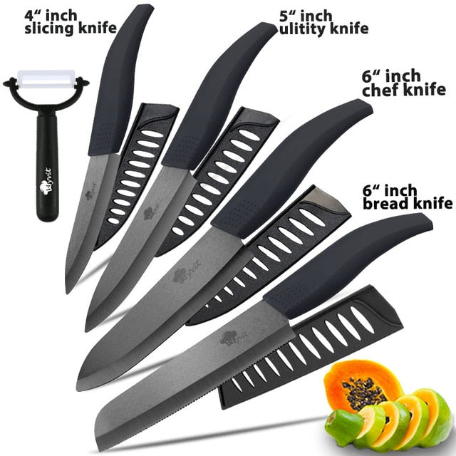 Ceramic Knife 3 4 5 inch + 6 inch Kitchen Knives Serrated Bread Set +Peeler Zirconia Black Blade Fruit Chef Knife Vege Cook Tool - Cookinero