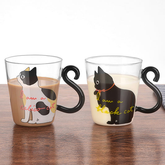 Behogar 250ml 8.45oz Cute Cat Pattern Mug Glass Cups with Kitty Tail Shaped Handle for Water Milk Coffee Drink Home Decor - Cookinero