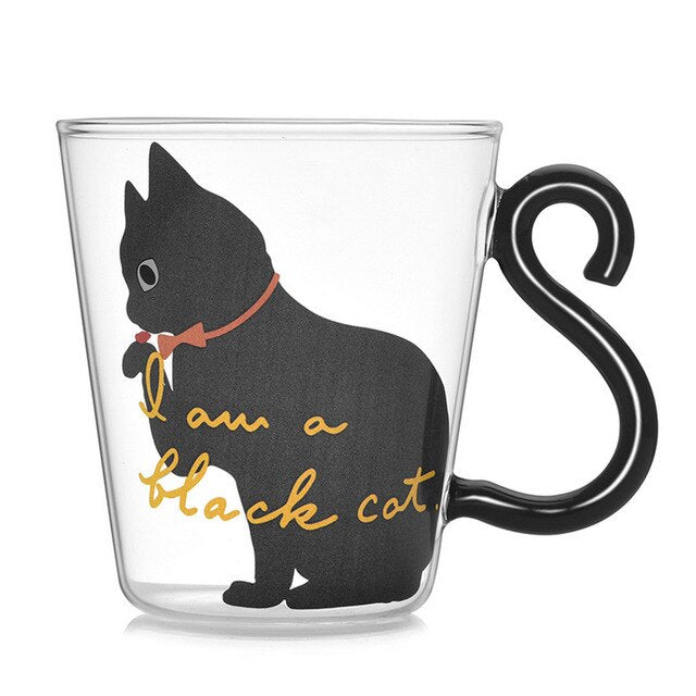 Behogar 250ml 8.45oz Cute Cat Pattern Mug Glass Cups with Kitty Tail Shaped Handle for Water Milk Coffee Drink Home Decor - Cookinero