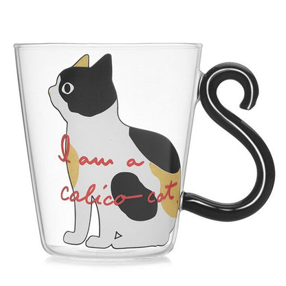 Behogar 250ml 8.45oz Cute Cat Pattern Mug Glass Cups with Kitty Tail Shaped Handle for Water Milk Coffee Drink Home Decor - Cookinero