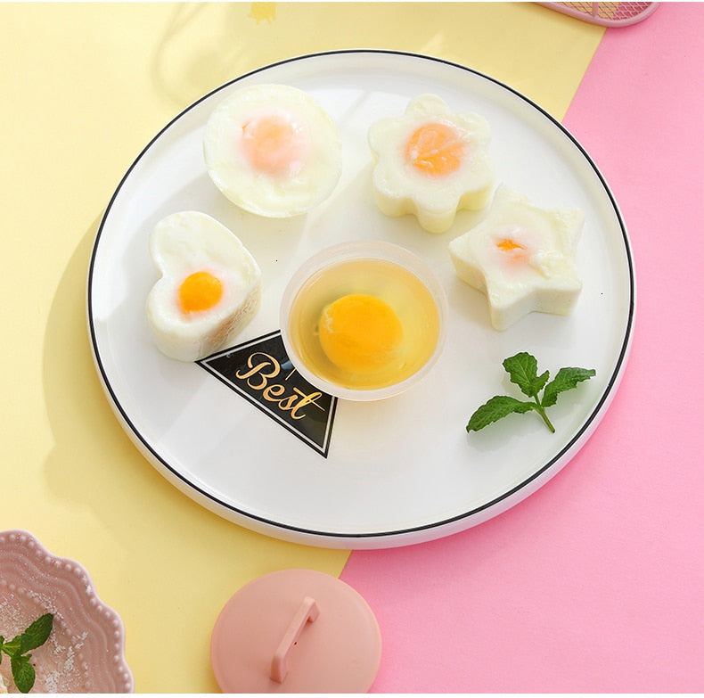 WORTHBUY 4 Pcs/Set Cute Egg Boiler Plastic Egg Poacher Set Kitchen Egg Cooker Tools Egg Mold Form With Lid Brush Pancake Maker - Cookinero