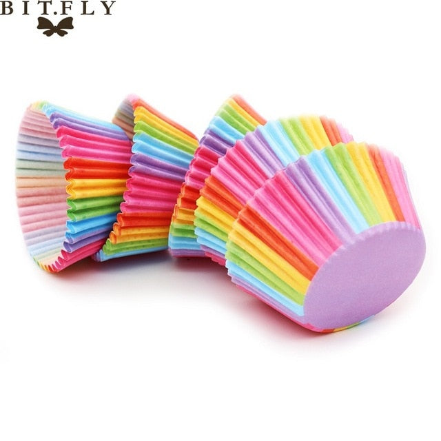 BITFLY 100Pcs Rainbow Cupcake Paper Liners Muffin Cases Cup Cake Topper Baking Tray Kitchen Accessories Pastry Decoration Tools - Cookinero