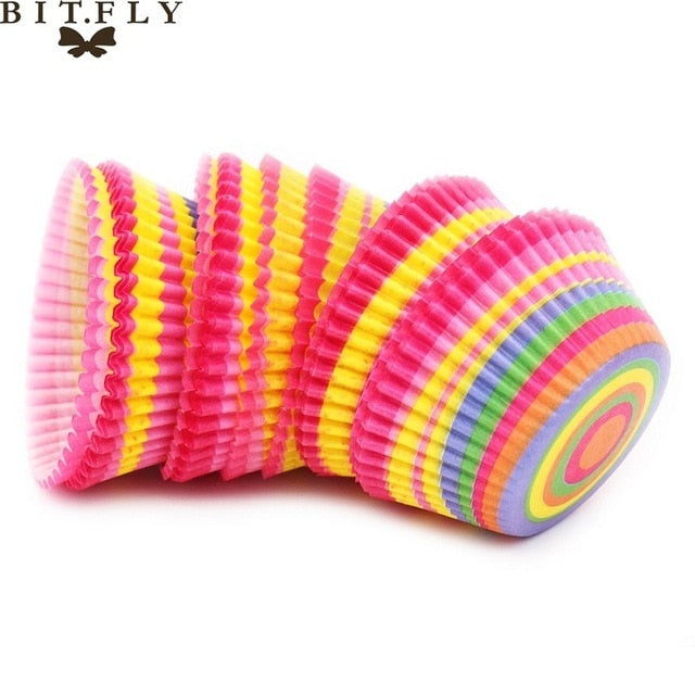 BITFLY 100Pcs Rainbow Cupcake Paper Liners Muffin Cases Cup Cake Topper Baking Tray Kitchen Accessories Pastry Decoration Tools - Cookinero
