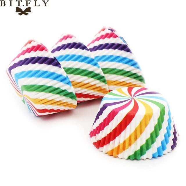 BITFLY 100Pcs Rainbow Cupcake Paper Liners Muffin Cases Cup Cake Topper Baking Tray Kitchen Accessories Pastry Decoration Tools - Cookinero
