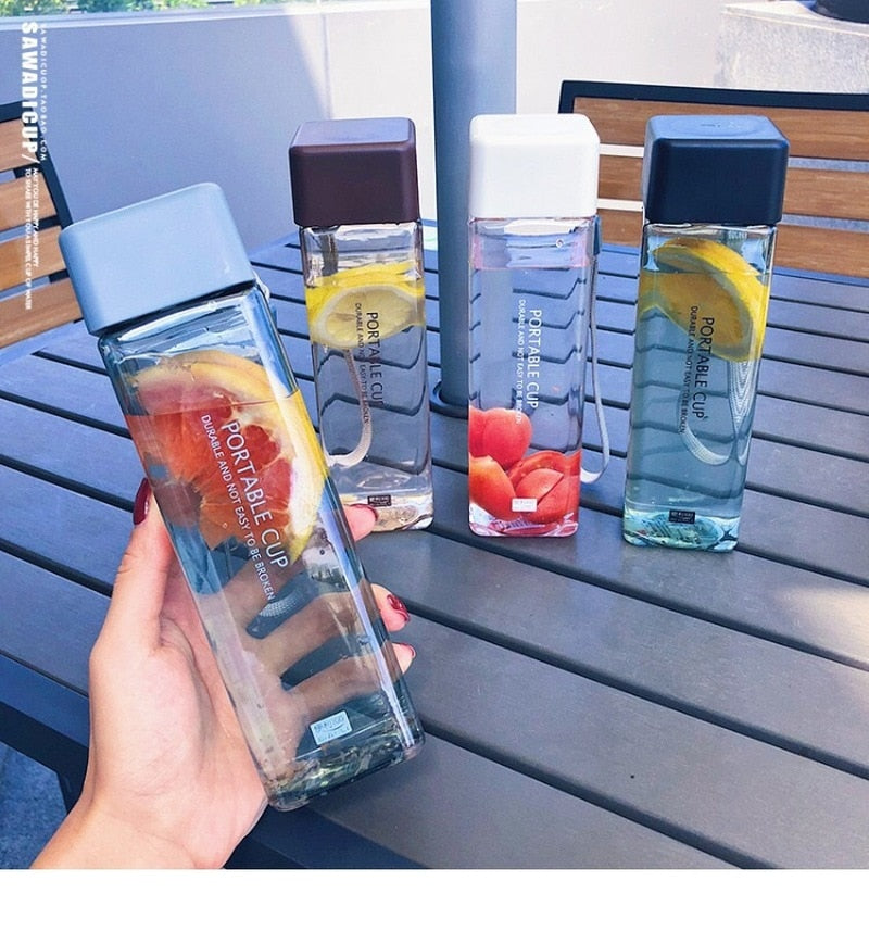 Cute New Square Tea Milk Fruit Water Cup 500ml for Water Bottles drink with Rope Transparent Sport Korean style Heat resistant - Cookinero