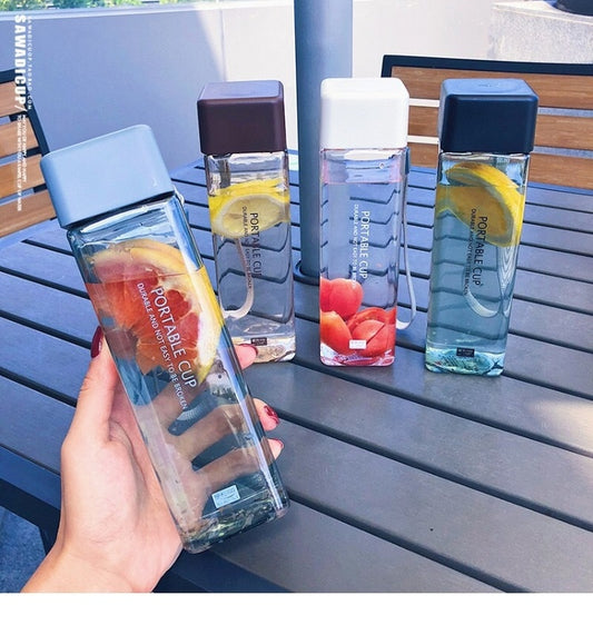 Cute New Square Tea Milk Fruit Water Cup 500ml for Water Bottles drink with Rope Transparent Sport Korean style Heat resistant - Cookinero