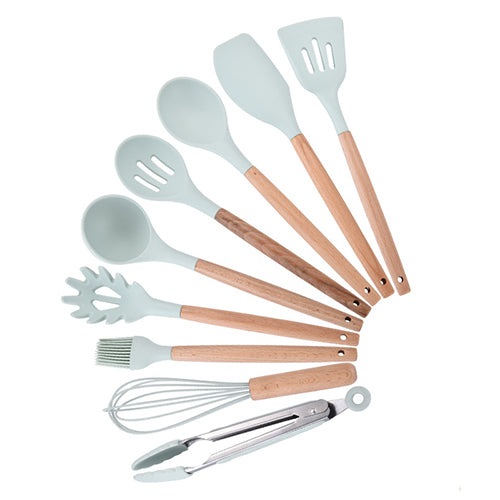 9/10/12PCS Silicone Cooking Utensils Set Non-stick Spatula Shovel Wooden Handle Cooking Tools Set With Storage Box Kitchen Tools - Cookinero