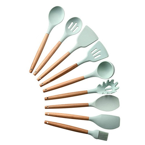9/10/12PCS Silicone Cooking Utensils Set Non-stick Spatula Shovel Wooden Handle Cooking Tools Set With Storage Box Kitchen Tools - Cookinero