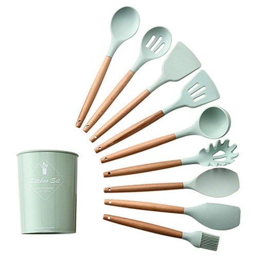 9/10/12PCS Silicone Cooking Utensils Set Non-stick Spatula Shovel Wooden Handle Cooking Tools Set With Storage Box Kitchen Tools - Cookinero