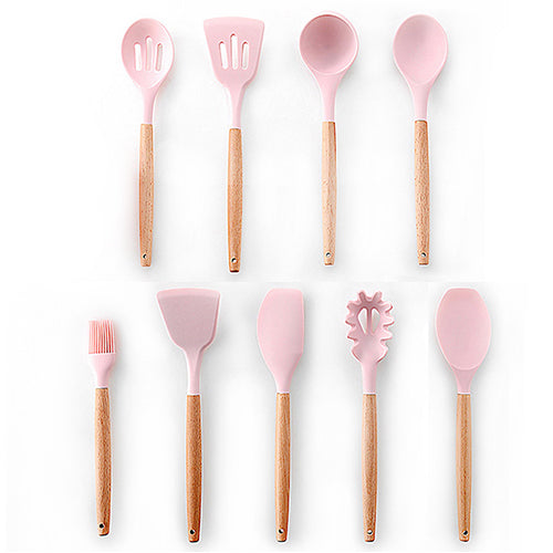 9/10/12PCS Silicone Cooking Utensils Set Non-stick Spatula Shovel Wooden Handle Cooking Tools Set With Storage Box Kitchen Tools - Cookinero