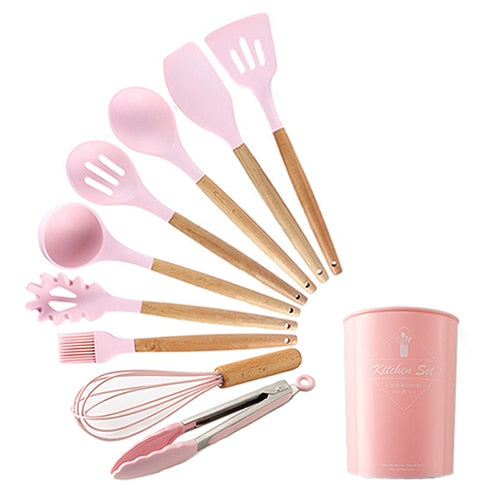 9/10/12PCS Silicone Cooking Utensils Set Non-stick Spatula Shovel Wooden Handle Cooking Tools Set With Storage Box Kitchen Tools - Cookinero