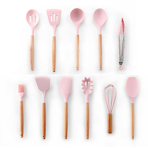 9/10/12PCS Silicone Cooking Utensils Set Non-stick Spatula Shovel Wooden Handle Cooking Tools Set With Storage Box Kitchen Tools - Cookinero