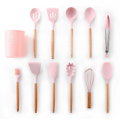 9/10/12PCS Silicone Cooking Utensils Set Non-stick Spatula Shovel Wooden Handle Cooking Tools Set With Storage Box Kitchen Tools - Cookinero