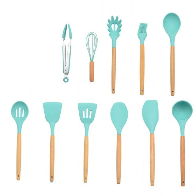9/10/12PCS Silicone Cooking Utensils Set Non-stick Spatula Shovel Wooden Handle Cooking Tools Set With Storage Box Kitchen Tools - Cookinero