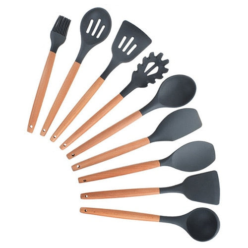 9/10/12PCS Silicone Cooking Utensils Set Non-stick Spatula Shovel Wooden Handle Cooking Tools Set With Storage Box Kitchen Tools - Cookinero