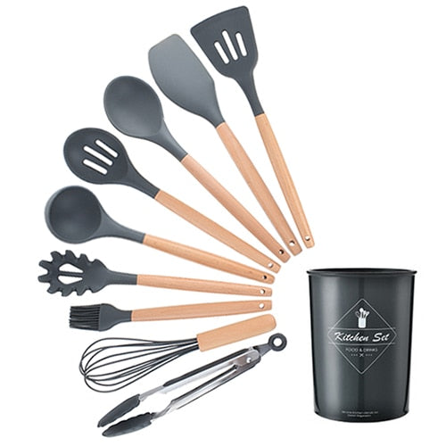 9/10/12PCS Silicone Cooking Utensils Set Non-stick Spatula Shovel Wooden Handle Cooking Tools Set With Storage Box Kitchen Tools - Cookinero