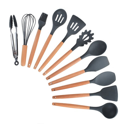 9/10/12PCS Silicone Cooking Utensils Set Non-stick Spatula Shovel Wooden Handle Cooking Tools Set With Storage Box Kitchen Tools - Cookinero