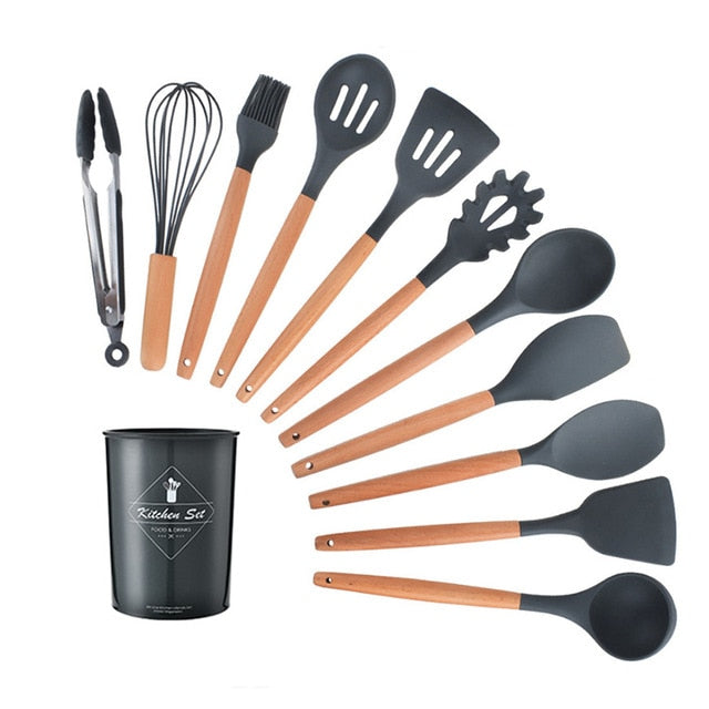 9/10/12PCS Silicone Cooking Utensils Set Non-stick Spatula Shovel Wooden Handle Cooking Tools Set With Storage Box Kitchen Tools - Cookinero