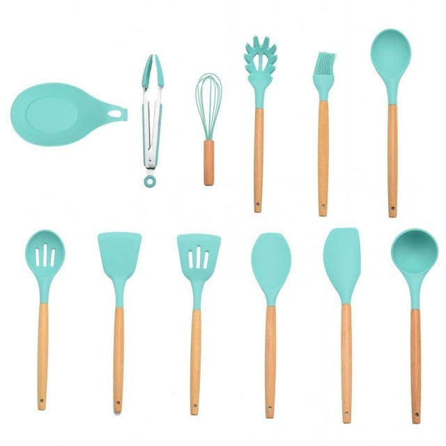 9/10/12PCS Silicone Cooking Utensils Set Non-stick Spatula Shovel Wooden Handle Cooking Tools Set With Storage Box Kitchen Tools - Cookinero