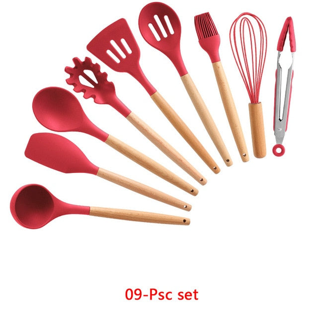 9/10/12PCS Silicone Cooking Utensils Set Non-stick Spatula Shovel Wooden Handle Cooking Tools Set With Storage Box Kitchen Tools - Cookinero