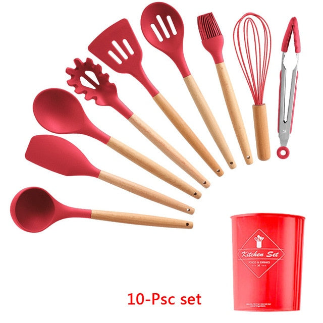 9/10/12PCS Silicone Cooking Utensils Set Non-stick Spatula Shovel Wooden Handle Cooking Tools Set With Storage Box Kitchen Tools - Cookinero