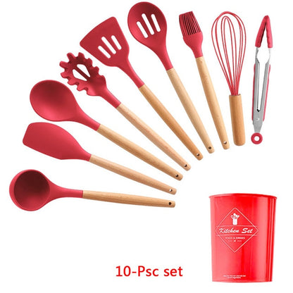 9/10/12PCS Silicone Cooking Utensils Set Non-stick Spatula Shovel Wooden Handle Cooking Tools Set With Storage Box Kitchen Tools - Cookinero