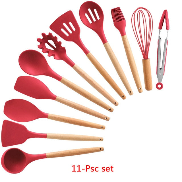 9/10/12PCS Silicone Cooking Utensils Set Non-stick Spatula Shovel Wooden Handle Cooking Tools Set With Storage Box Kitchen Tools - Cookinero