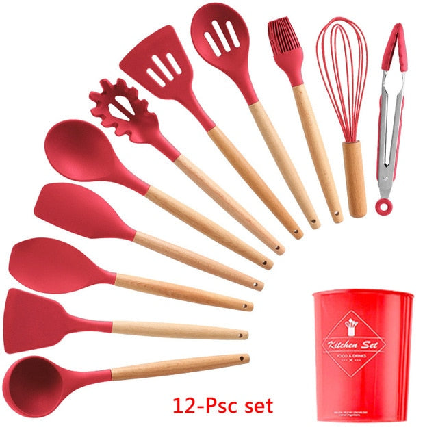 9/10/12PCS Silicone Cooking Utensils Set Non-stick Spatula Shovel Wooden Handle Cooking Tools Set With Storage Box Kitchen Tools - Cookinero