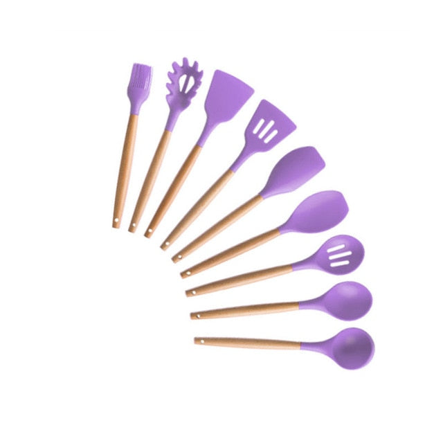9/10/12PCS Silicone Cooking Utensils Set Non-stick Spatula Shovel Wooden Handle Cooking Tools Set With Storage Box Kitchen Tools - Cookinero