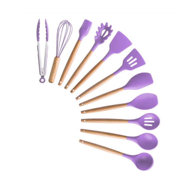 9/10/12PCS Silicone Cooking Utensils Set Non-stick Spatula Shovel Wooden Handle Cooking Tools Set With Storage Box Kitchen Tools - Cookinero