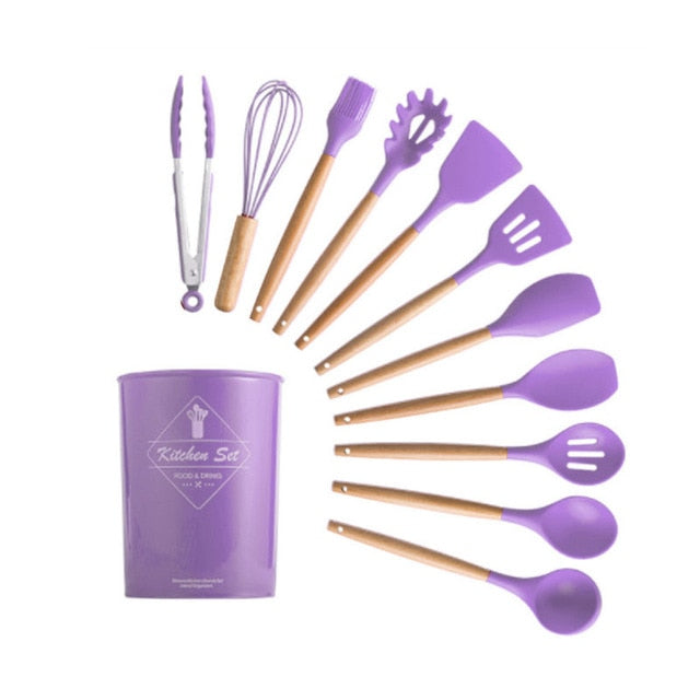 9/10/12PCS Silicone Cooking Utensils Set Non-stick Spatula Shovel Wooden Handle Cooking Tools Set With Storage Box Kitchen Tools - Cookinero
