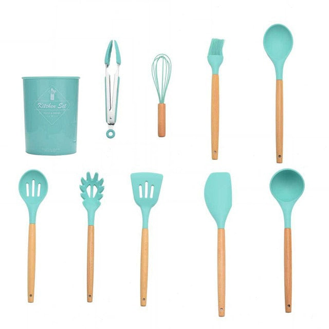 9/10/12PCS Silicone Cooking Utensils Set Non-stick Spatula Shovel Wooden Handle Cooking Tools Set With Storage Box Kitchen Tools - Cookinero