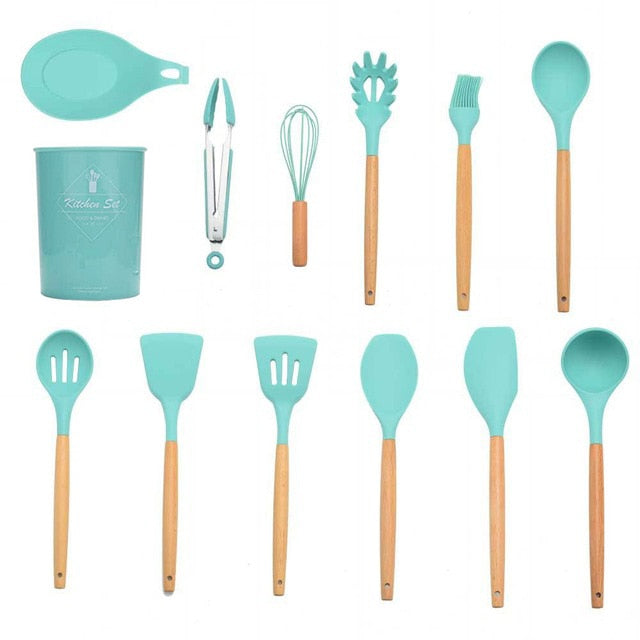 9/10/12PCS Silicone Cooking Utensils Set Non-stick Spatula Shovel Wooden Handle Cooking Tools Set With Storage Box Kitchen Tools - Cookinero