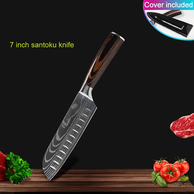 Kitchen knives Set Professional Chef Knives Japanese 7CR17 440C High Carbon Stainless Steel Imitation Damascus Pattern Knife Set - Cookinero