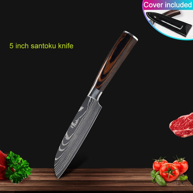 Kitchen knives Set Professional Chef Knives Japanese 7CR17 440C High Carbon Stainless Steel Imitation Damascus Pattern Knife Set - Cookinero