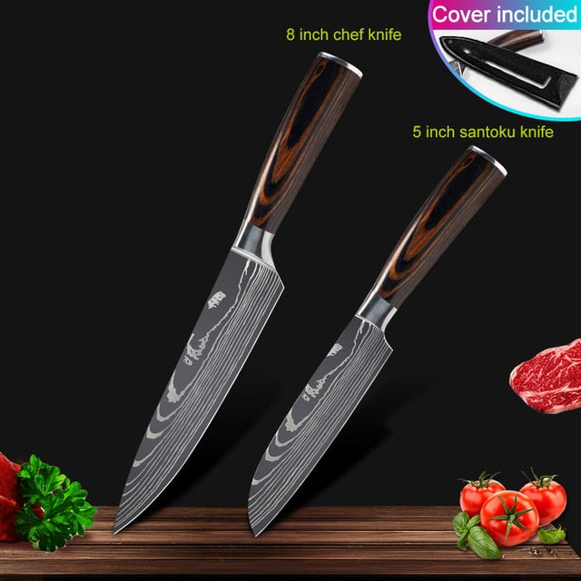 Kitchen knives Set Professional Chef Knives Japanese 7CR17 440C High Carbon Stainless Steel Imitation Damascus Pattern Knife Set - Cookinero