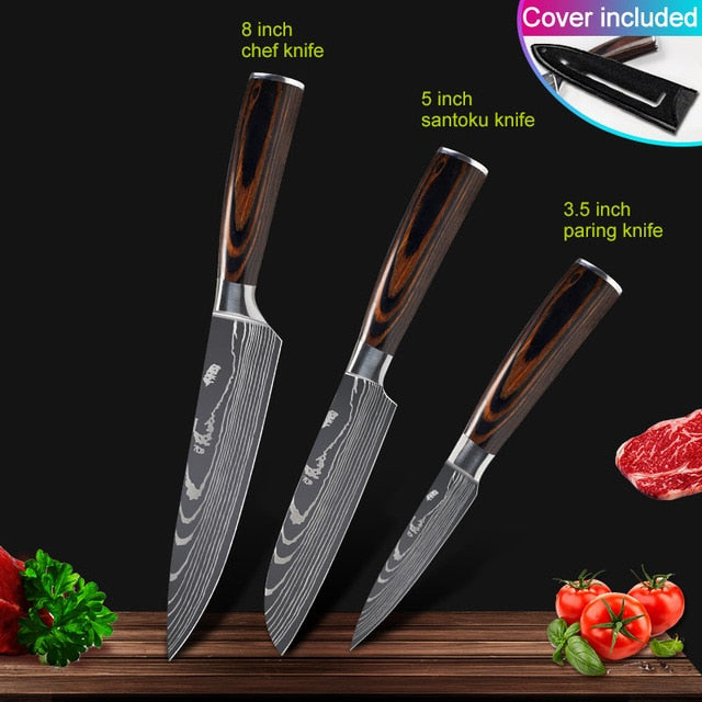 Kitchen knives Set Professional Chef Knives Japanese 7CR17 440C High Carbon Stainless Steel Imitation Damascus Pattern Knife Set - Cookinero