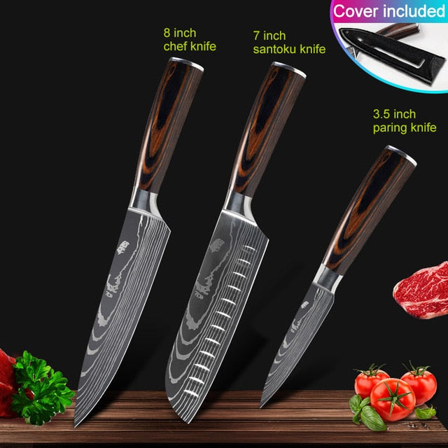 Kitchen knives Set Professional Chef Knives Japanese 7CR17 440C High Carbon Stainless Steel Imitation Damascus Pattern Knife Set - Cookinero