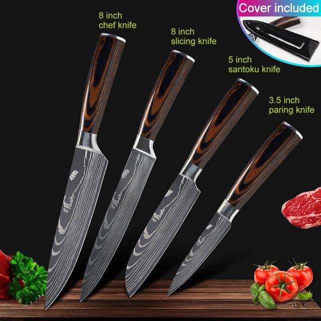 Kitchen knives Set Professional Chef Knives Japanese 7CR17 440C High Carbon Stainless Steel Imitation Damascus Pattern Knife Set - Cookinero