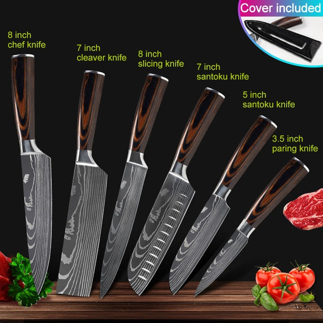 Kitchen knives Set Professional Chef Knives Japanese 7CR17 440C High Carbon Stainless Steel Imitation Damascus Pattern Knife Set - Cookinero