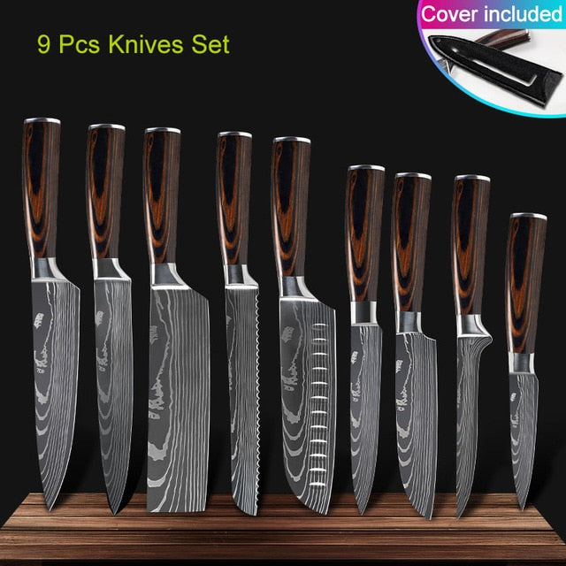 Kitchen knives Set Professional Chef Knives Japanese 7CR17 440C High Carbon Stainless Steel Imitation Damascus Pattern Knife Set - Cookinero