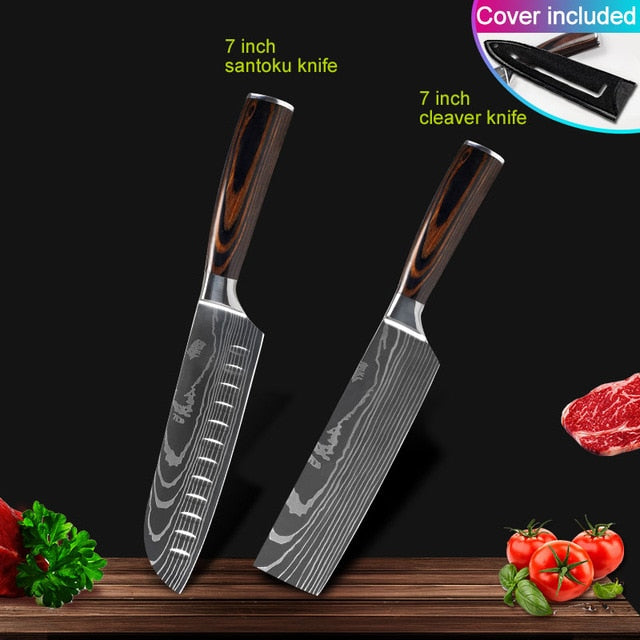 Kitchen knives Set Professional Chef Knives Japanese 7CR17 440C High Carbon Stainless Steel Imitation Damascus Pattern Knife Set - Cookinero