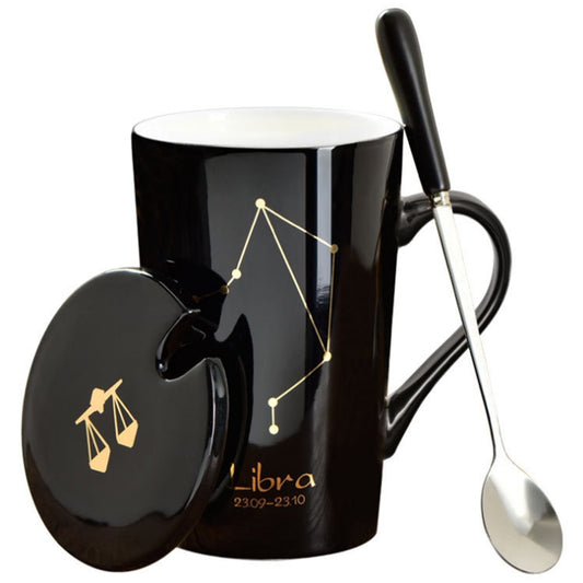 Ceramic Mugs 12 Constellations Creative Mugs with Spoon Lid Black and Gold Porcelain Zodiac Milk Coffee Cup Drinkware - Cookinero