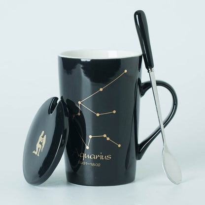 Ceramic Mugs 12 Constellations Creative Mugs with Spoon Lid Black and Gold Porcelain Zodiac Milk Coffee Cup Drinkware - Cookinero