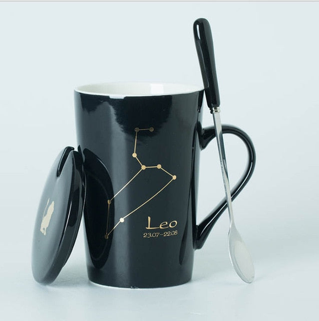 Ceramic Mugs 12 Constellations Creative Mugs with Spoon Lid Black and Gold Porcelain Zodiac Milk Coffee Cup Drinkware - Cookinero