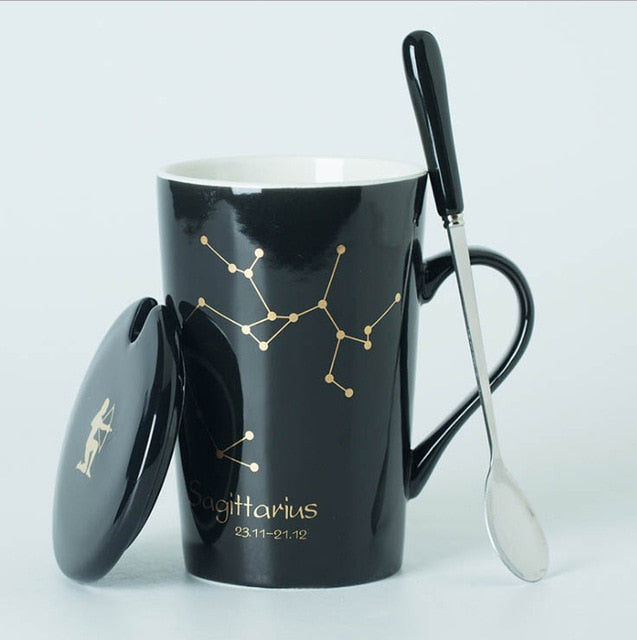 Ceramic Mugs 12 Constellations Creative Mugs with Spoon Lid Black and Gold Porcelain Zodiac Milk Coffee Cup Drinkware - Cookinero