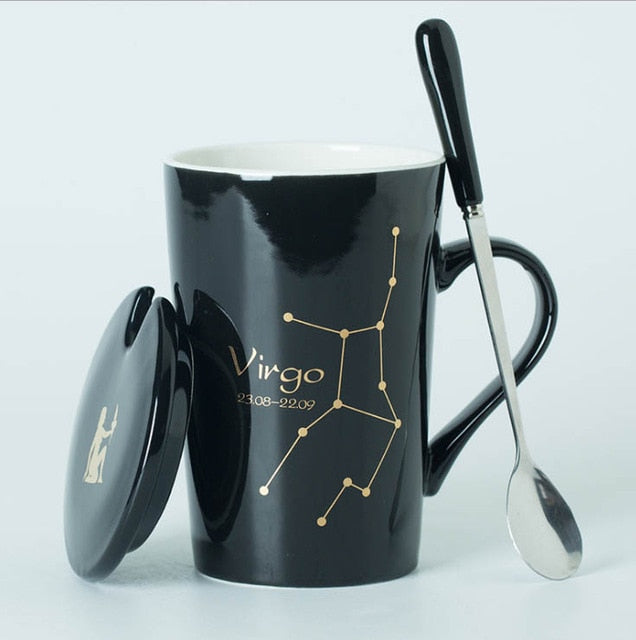 Ceramic Mugs 12 Constellations Creative Mugs with Spoon Lid Black and Gold Porcelain Zodiac Milk Coffee Cup Drinkware - Cookinero