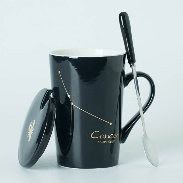 Ceramic Mugs 12 Constellations Creative Mugs with Spoon Lid Black and Gold Porcelain Zodiac Milk Coffee Cup Drinkware - Cookinero