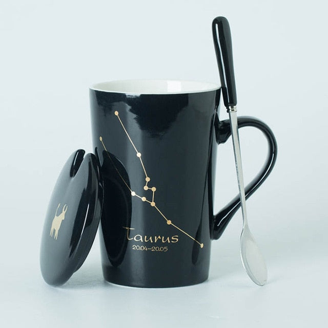 Ceramic Mugs 12 Constellations Creative Mugs with Spoon Lid Black and Gold Porcelain Zodiac Milk Coffee Cup Drinkware - Cookinero