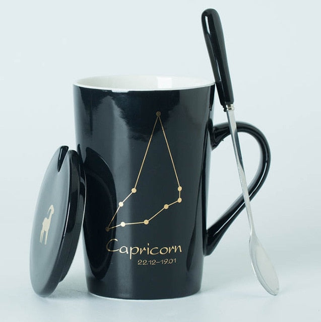 Ceramic Mugs 12 Constellations Creative Mugs with Spoon Lid Black and Gold Porcelain Zodiac Milk Coffee Cup Drinkware - Cookinero